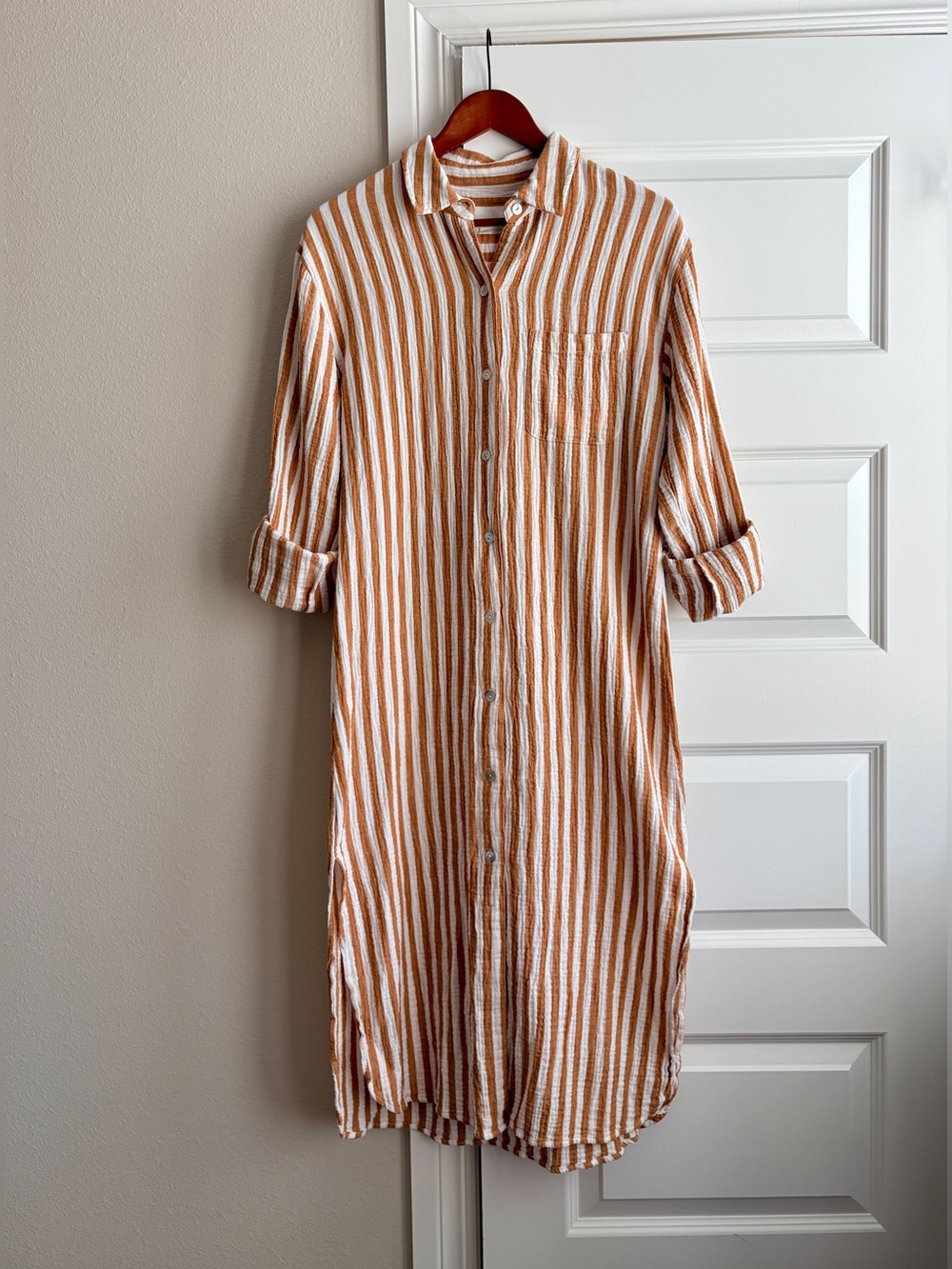 EVERY Cotton Striped tan white Maxi Shirt Dress Caramel White M